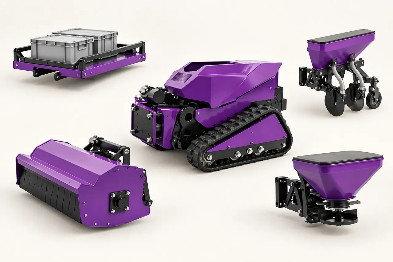 Render conceitual da plataforma R4F cercada por quatro implementos: transporte, semeadura, roçada e adubação.