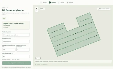 Captura real do software com controles de espaçamento e direção junto ao mapa de plantio.