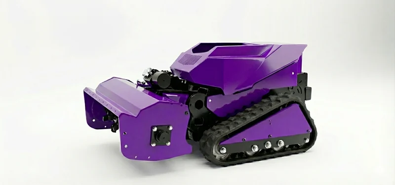 Detalhe do render conceitual do rover roxo R4F com esteiras e acoplamento frontal.