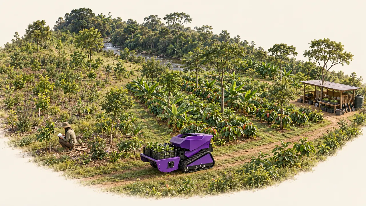 Ilustração conceitual de um território agroflorestal com uma pessoa em vistoria e um rover roxo transportando mudas.